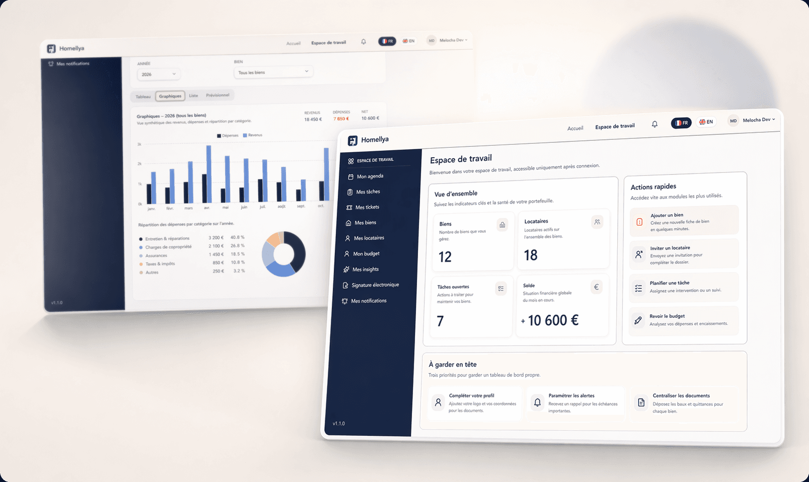 Aperçu du tableau de bord Homellya avec suivi des loyers et documents