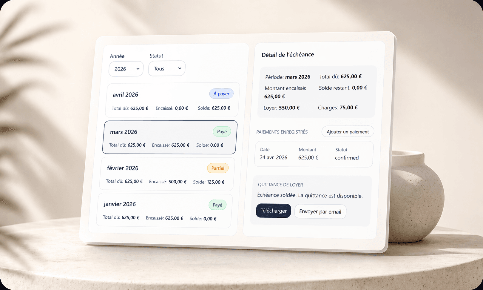 Panneau de synthèse Homellya présentant les indicateurs locatifs clés